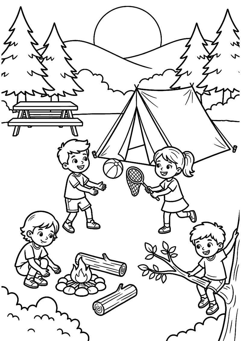 Kinderen Spelen op Camping Kamperen Kleurplaat — gratis kleurplaat printen