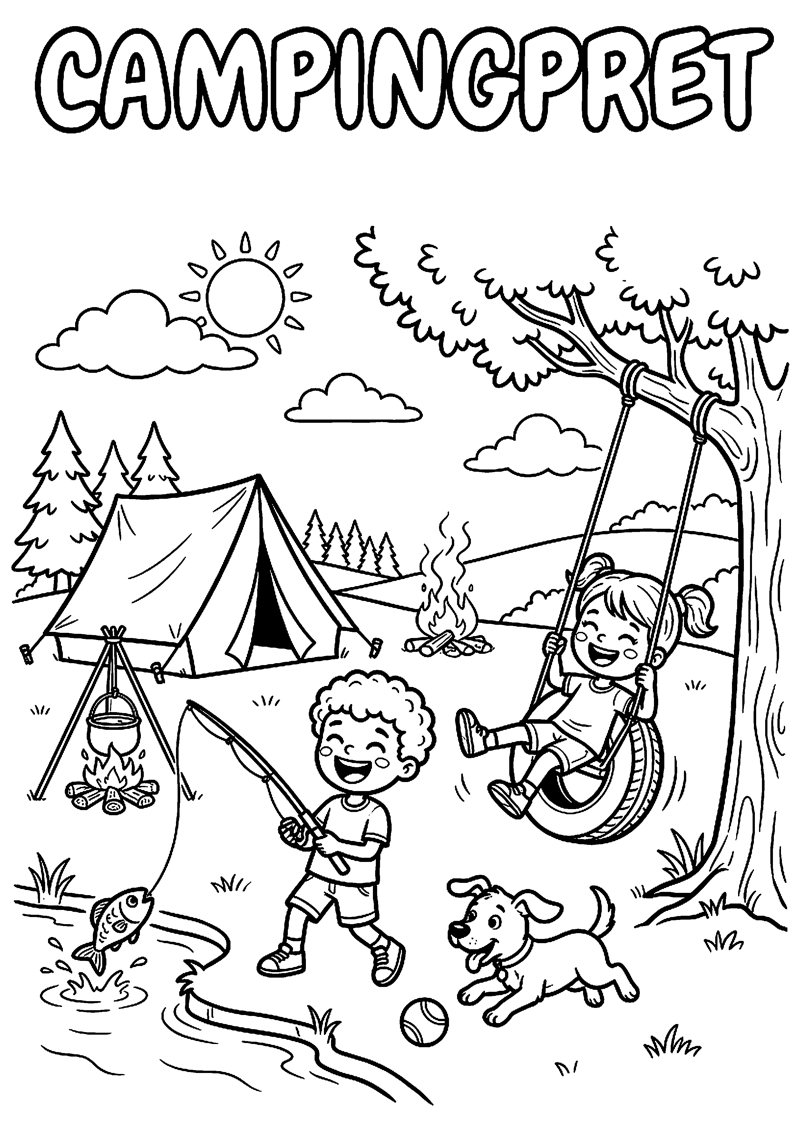 Kinderen Spelen op de Camping met Tekst Campingpret Kamperen Kleurplaat — gratis kleurplaat