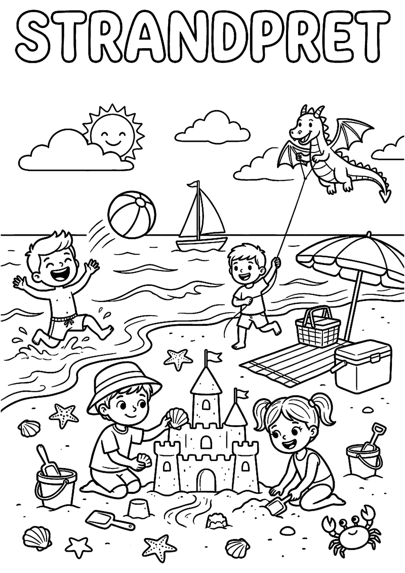 Kinderen Spelen op het Strand met Tekst Strandpret Strand Kleurplaat — gratis kleurplaat printen