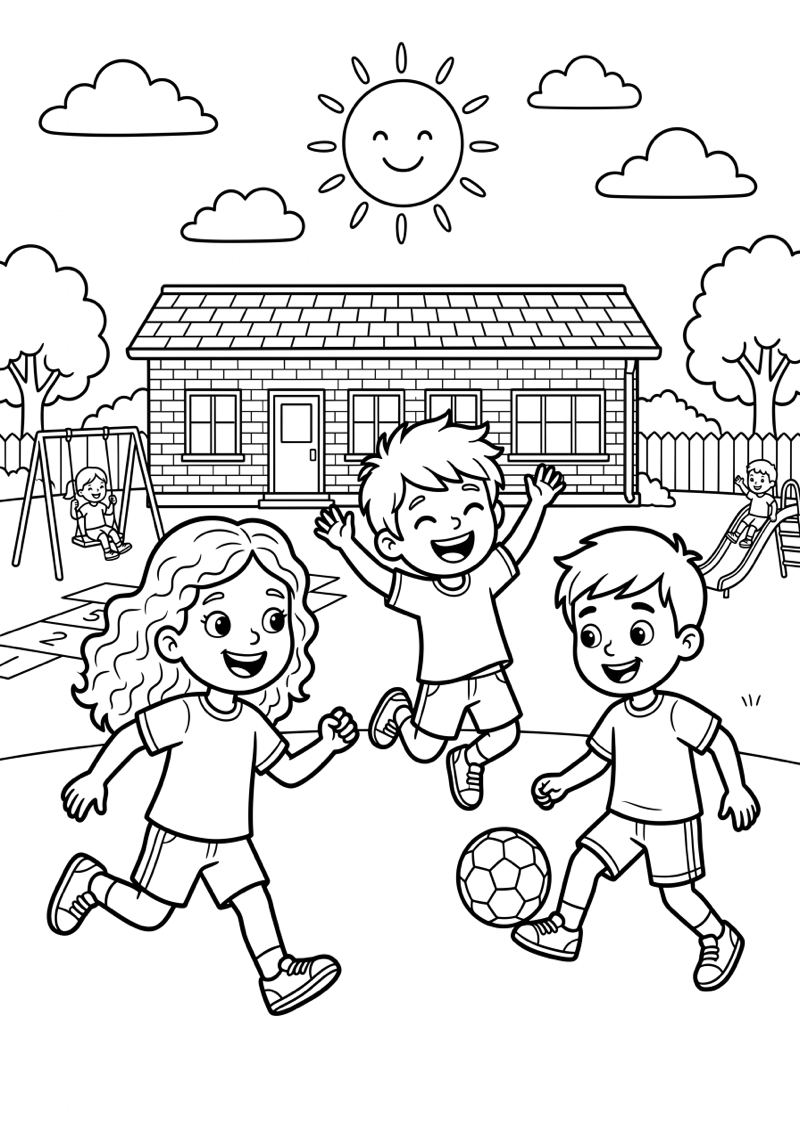 Kinderen Spelen op Schoolplein in Zomer Kleurplaat — gratis kleurplaat