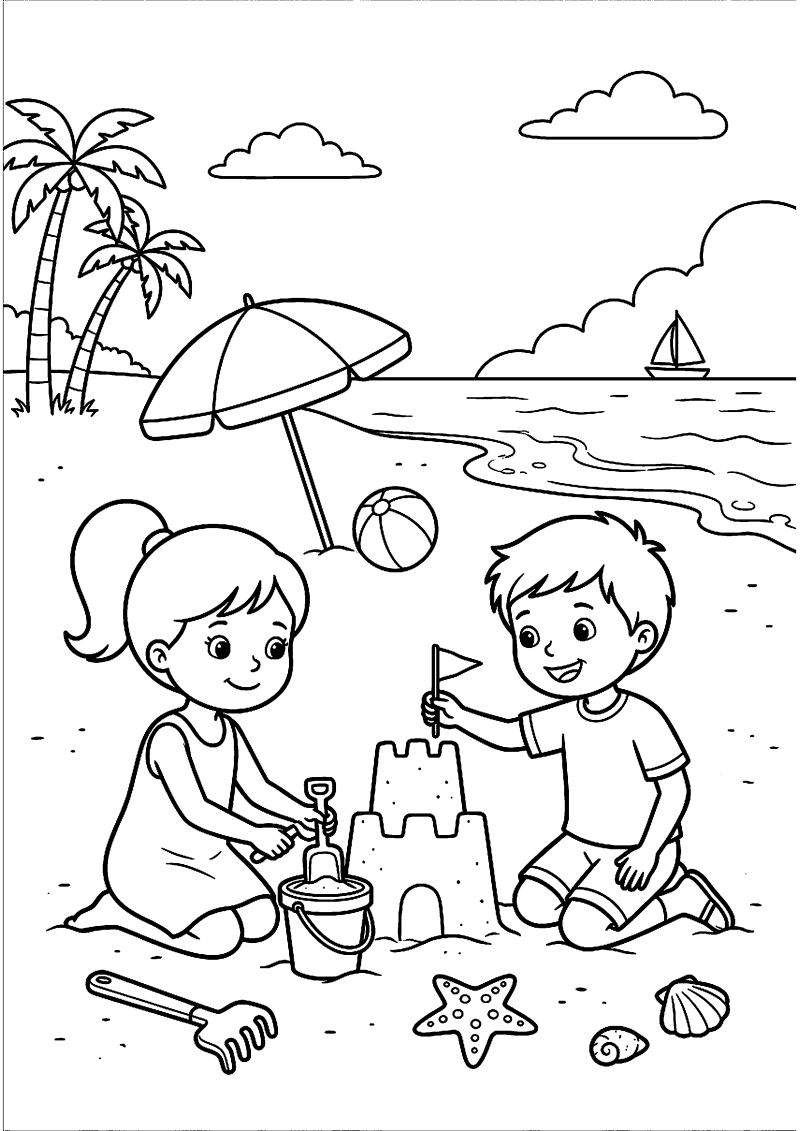 Kinderen spelen op strand kleurplaat — gratis kleurplaat