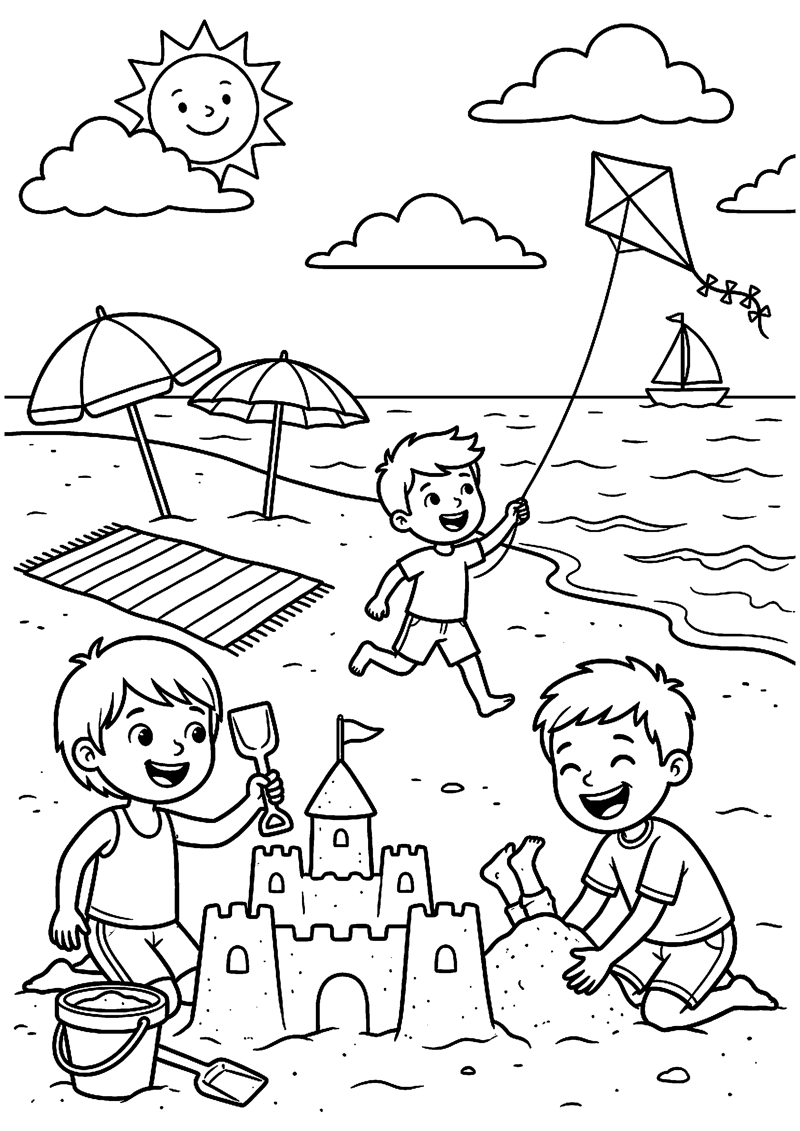 Kinderen Spelen op Strand Strand Kleurplaat — gratis kleurplaat printen
