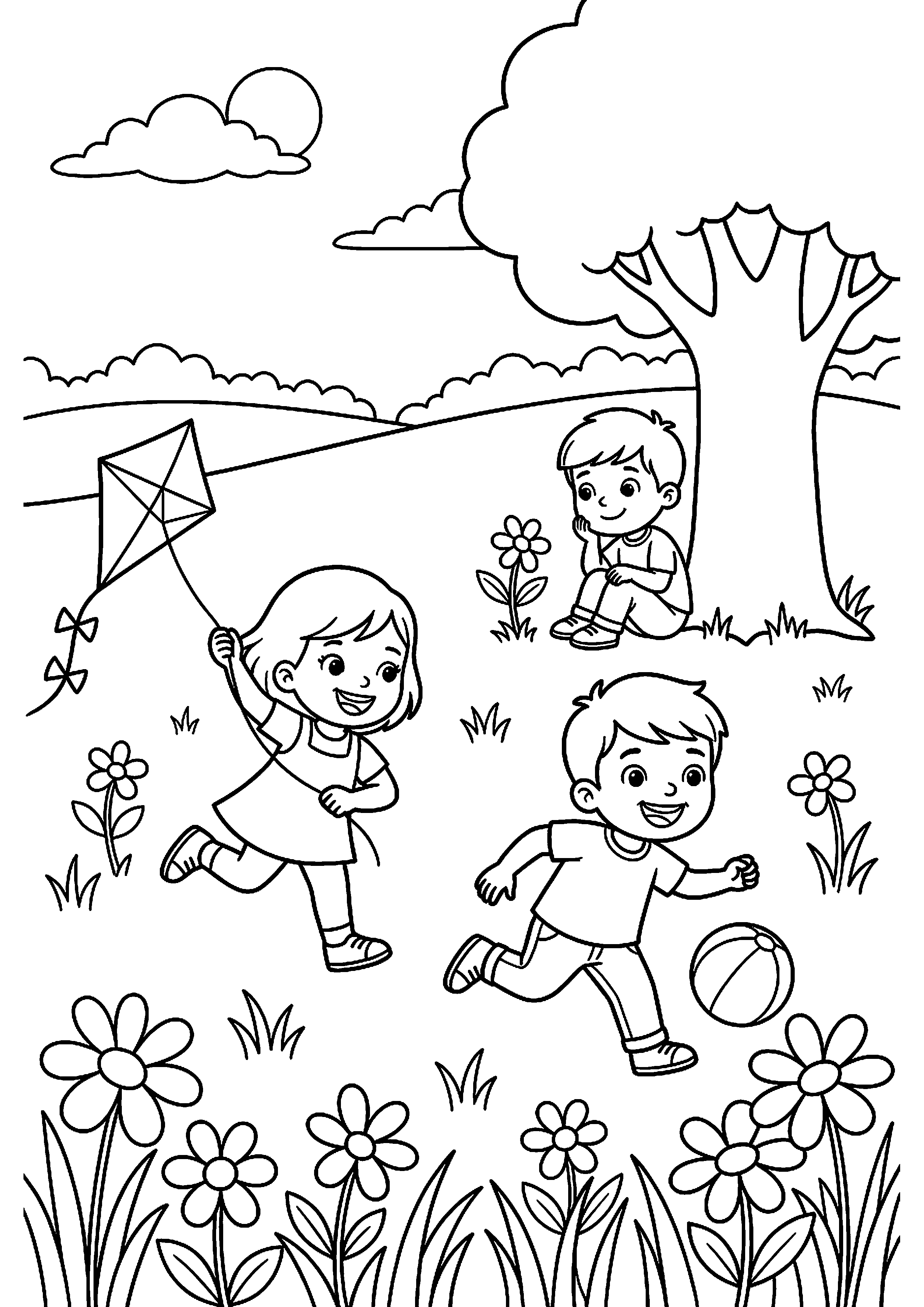 Kinderen spelen op veld met bloemen kleurplaat — gratis kleurplaat
