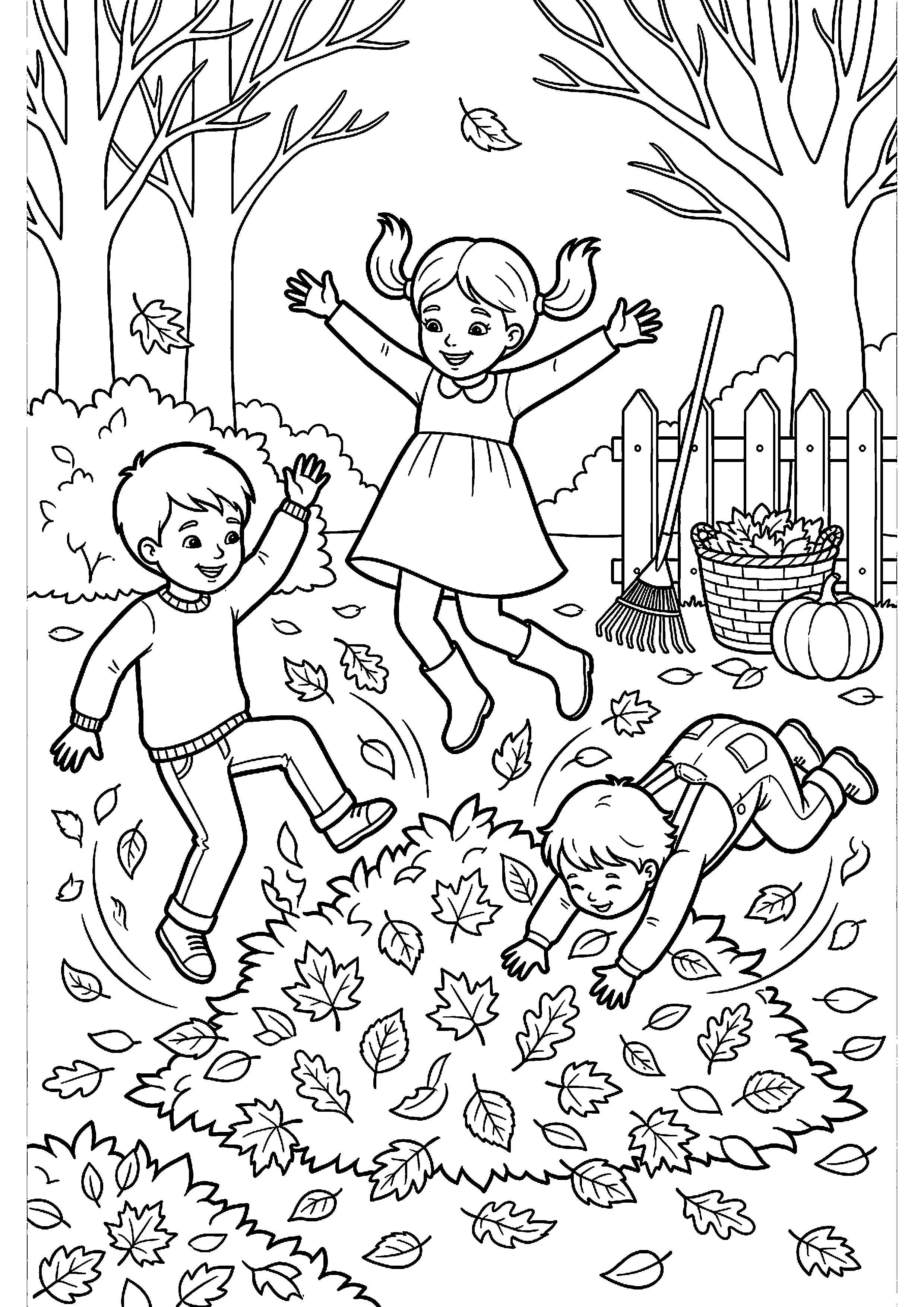 Kinderen springen in bladeren kleurplaat — gratis kleurplaat