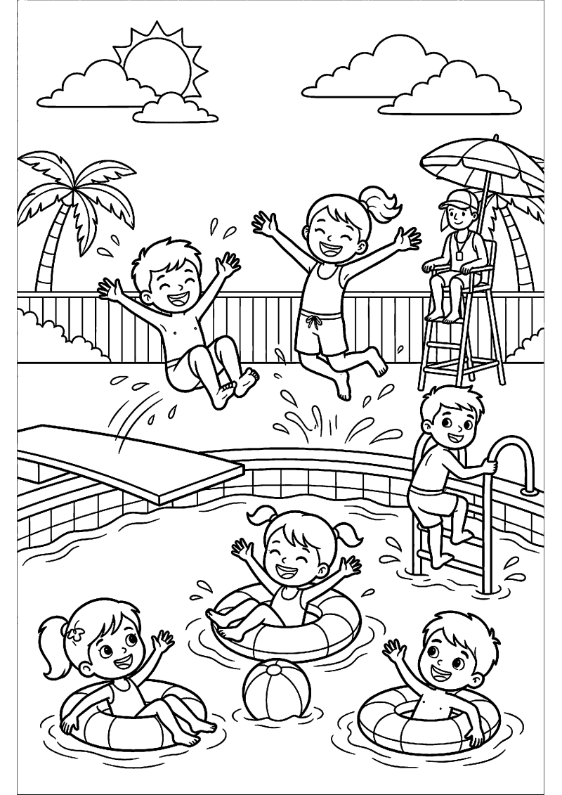 Kinderen springen in zwembad kleurplaat