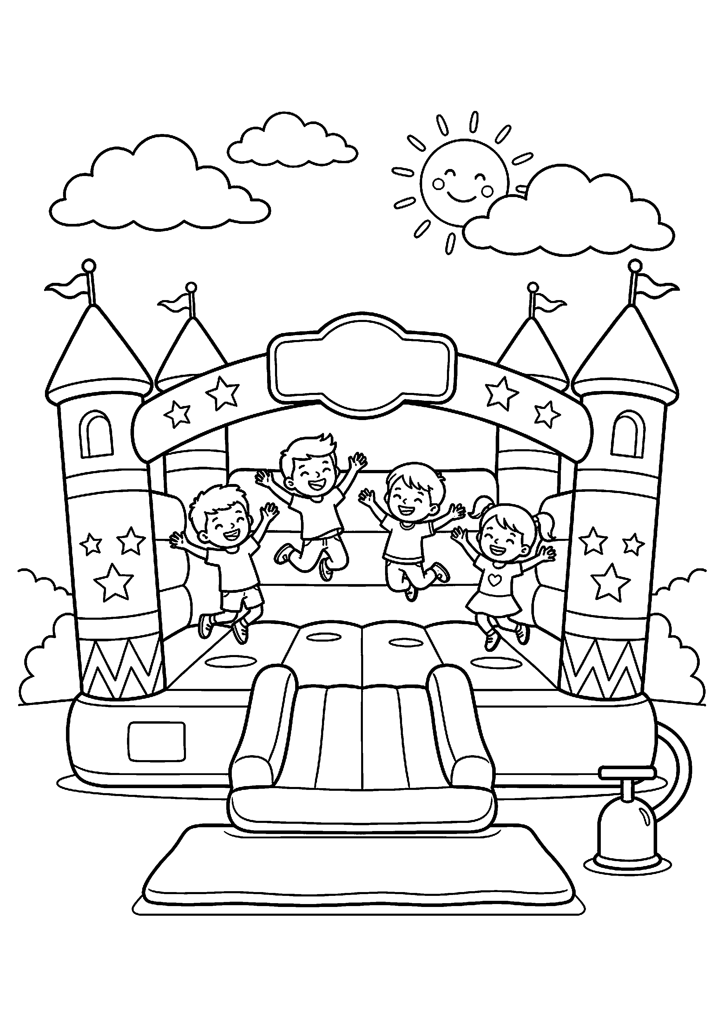 Kinderen springen op springkussen kleurplaat — gratis kleurplaat