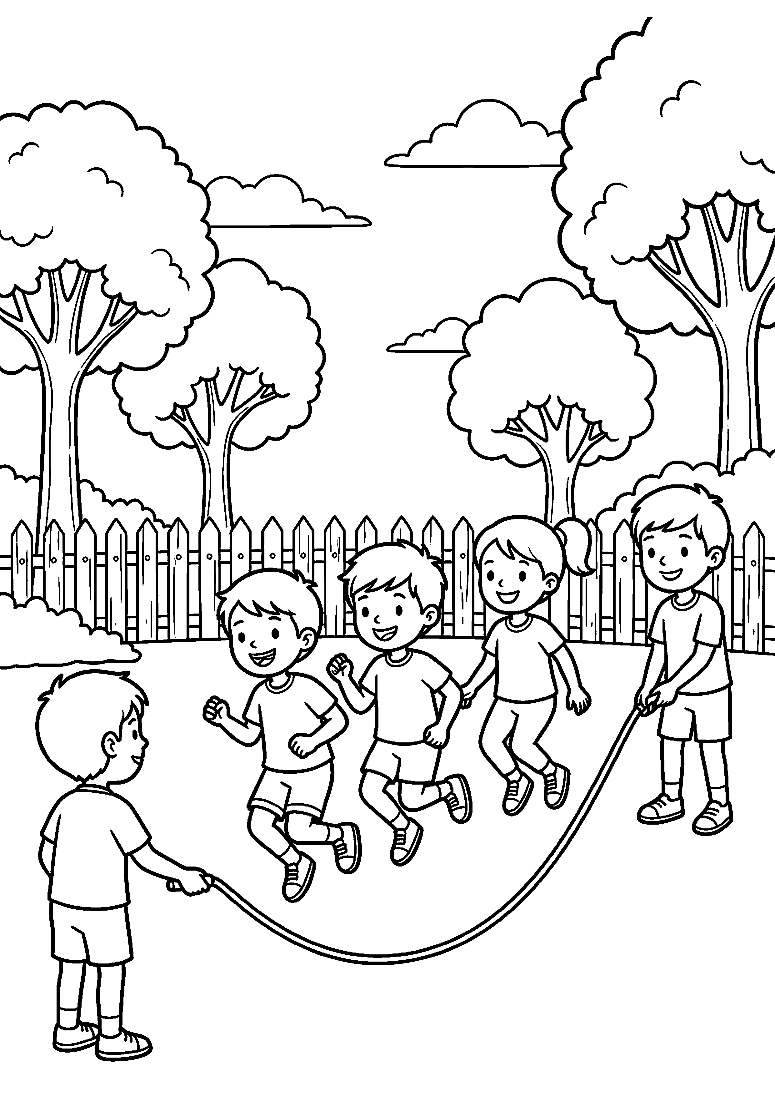 Kinderen springen touw kleurplaat — gratis kleurplaat