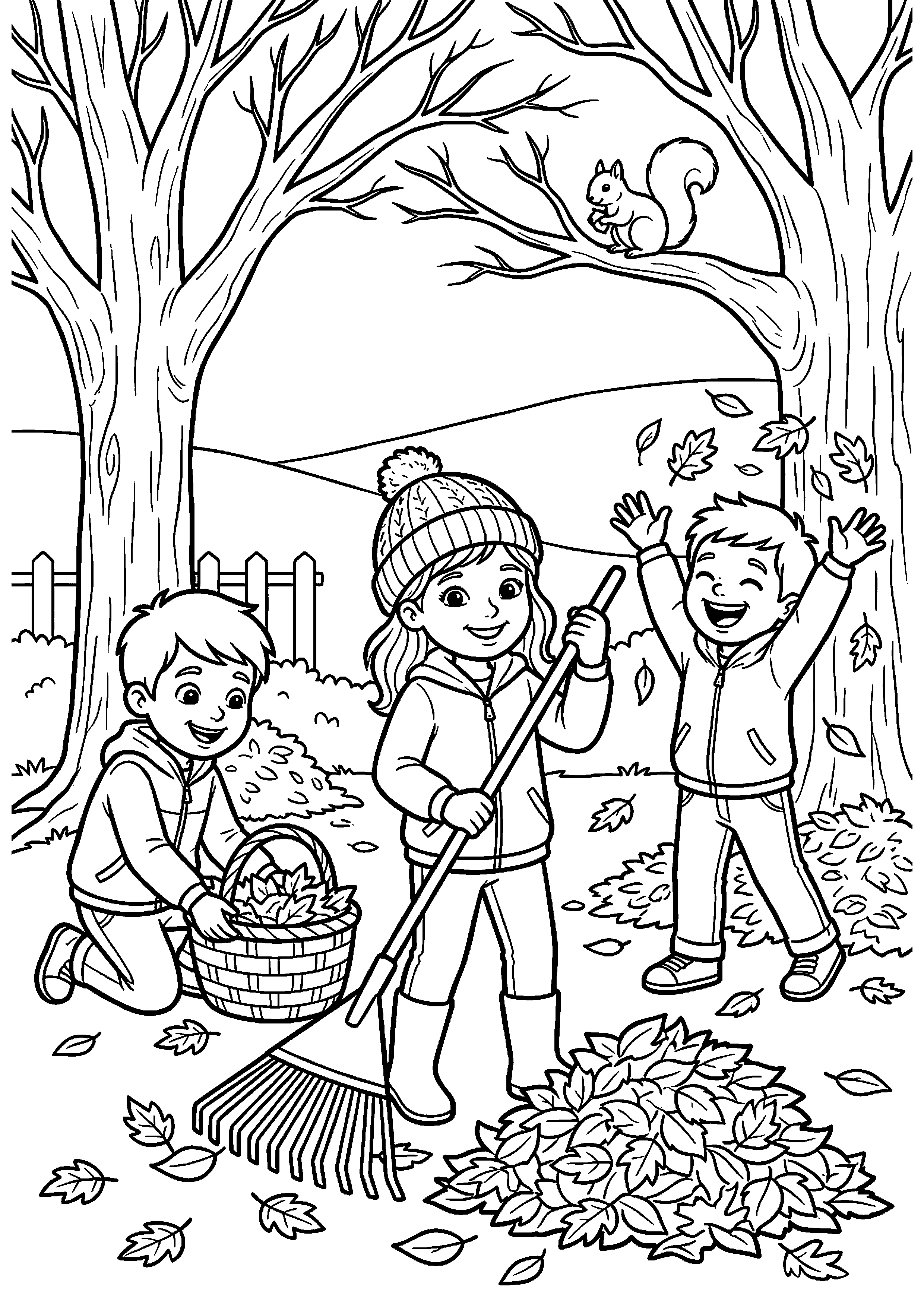 Kinderen verzamelen herfstbladeren kleurplaat — gratis kleurplaat