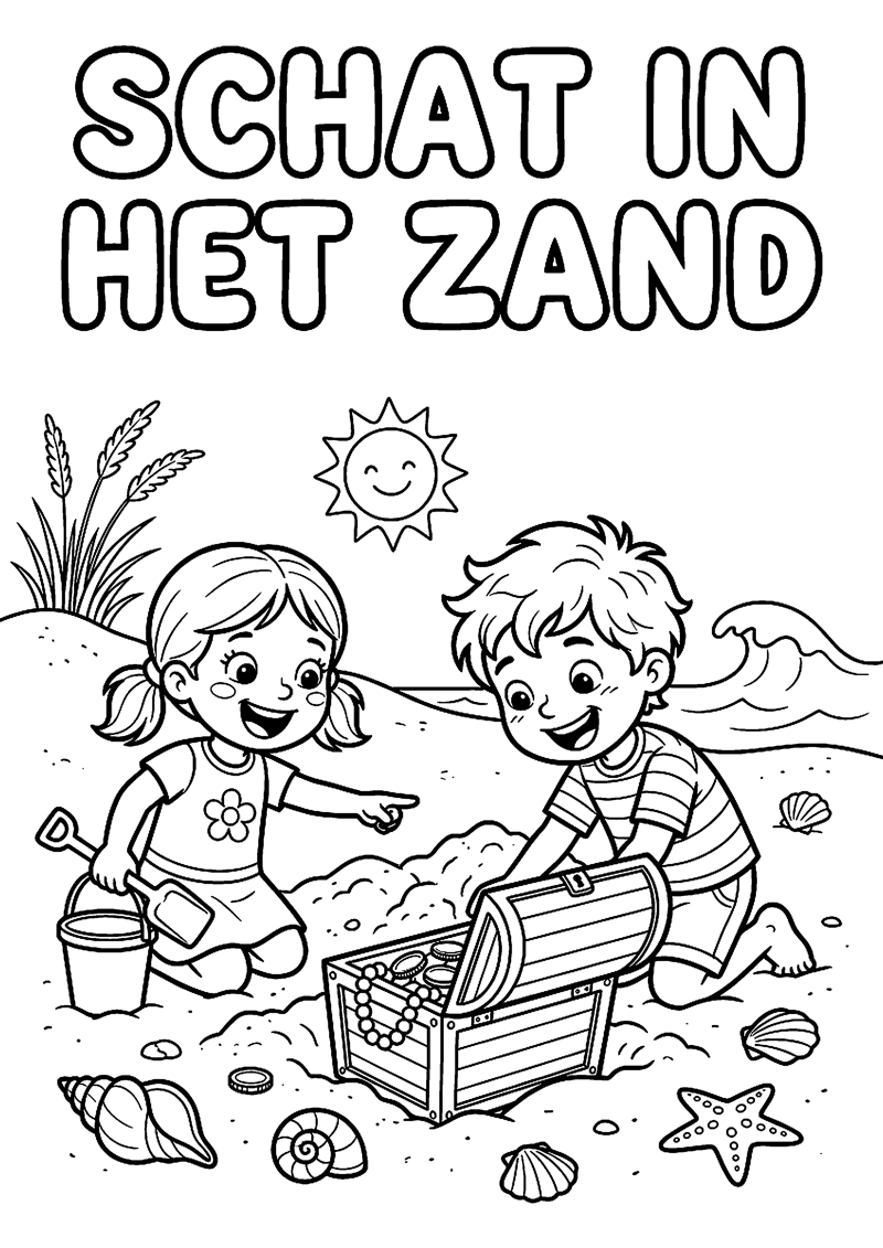 Kinderen Vinden Schelpen of Schatkistje in Zand met Tekst Schat in het Zand Strand Kleurplaat — gratis kleurplaat printen