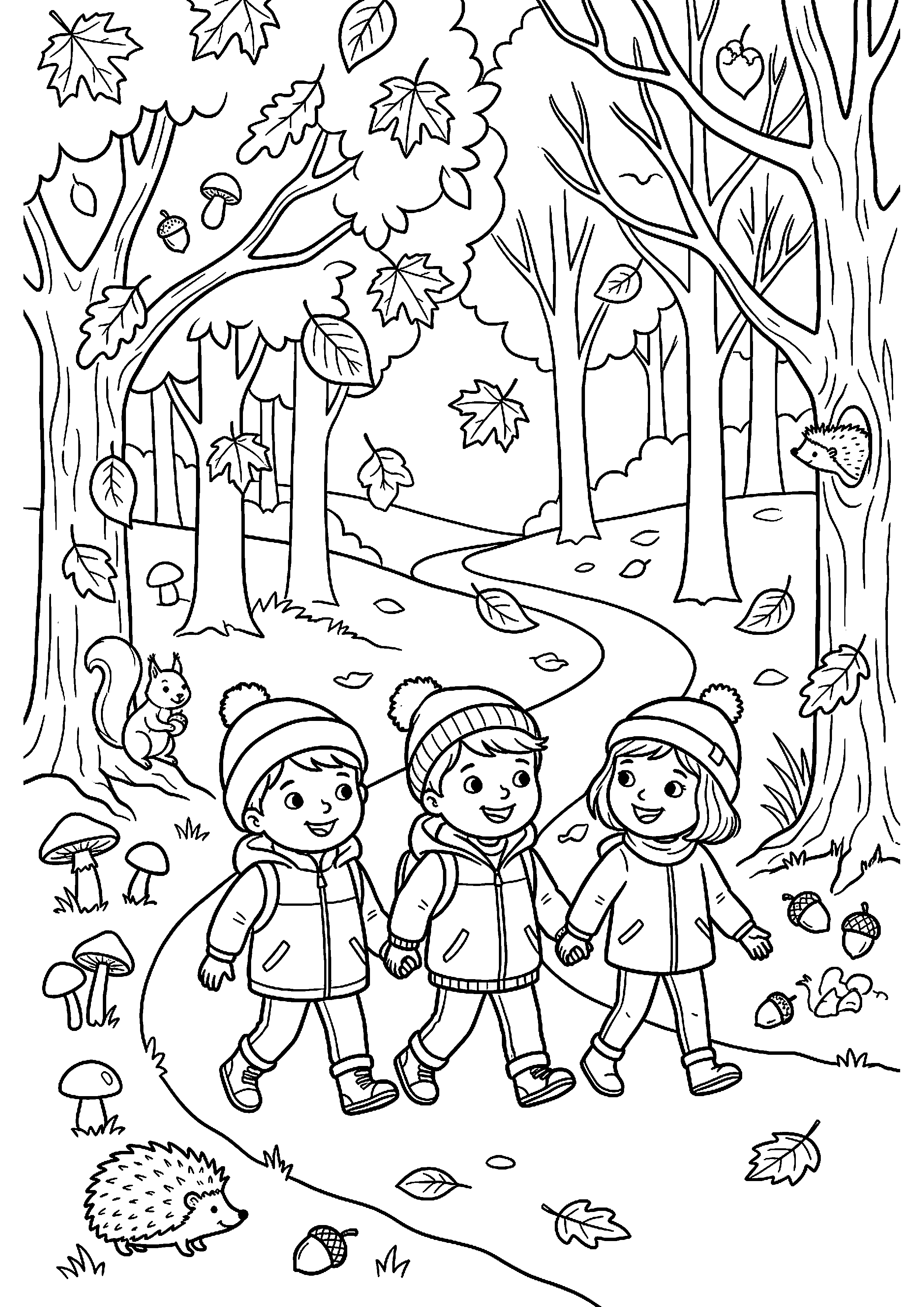 Kinderen wandelen door herfstbos kleurplaat — gratis kleurplaat