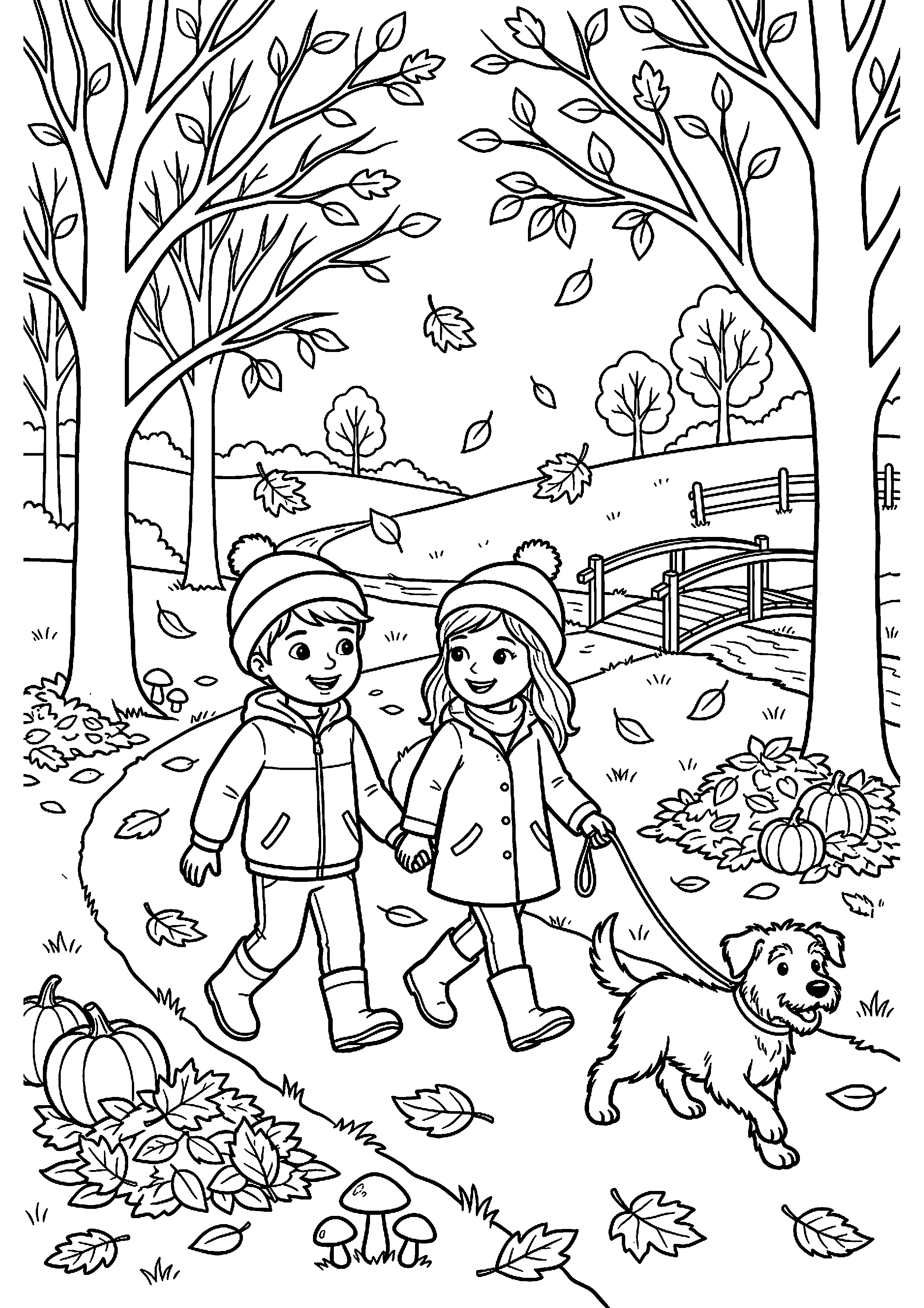 Kinderen wandelen met hond in herfst kleurplaat — gratis kleurplaat