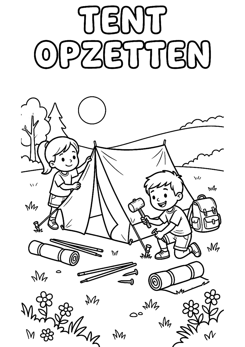 Kinderen Zetten een Tent op met Tekst Tent Opzetten Kamperen Kleurplaat — gratis kleurplaat