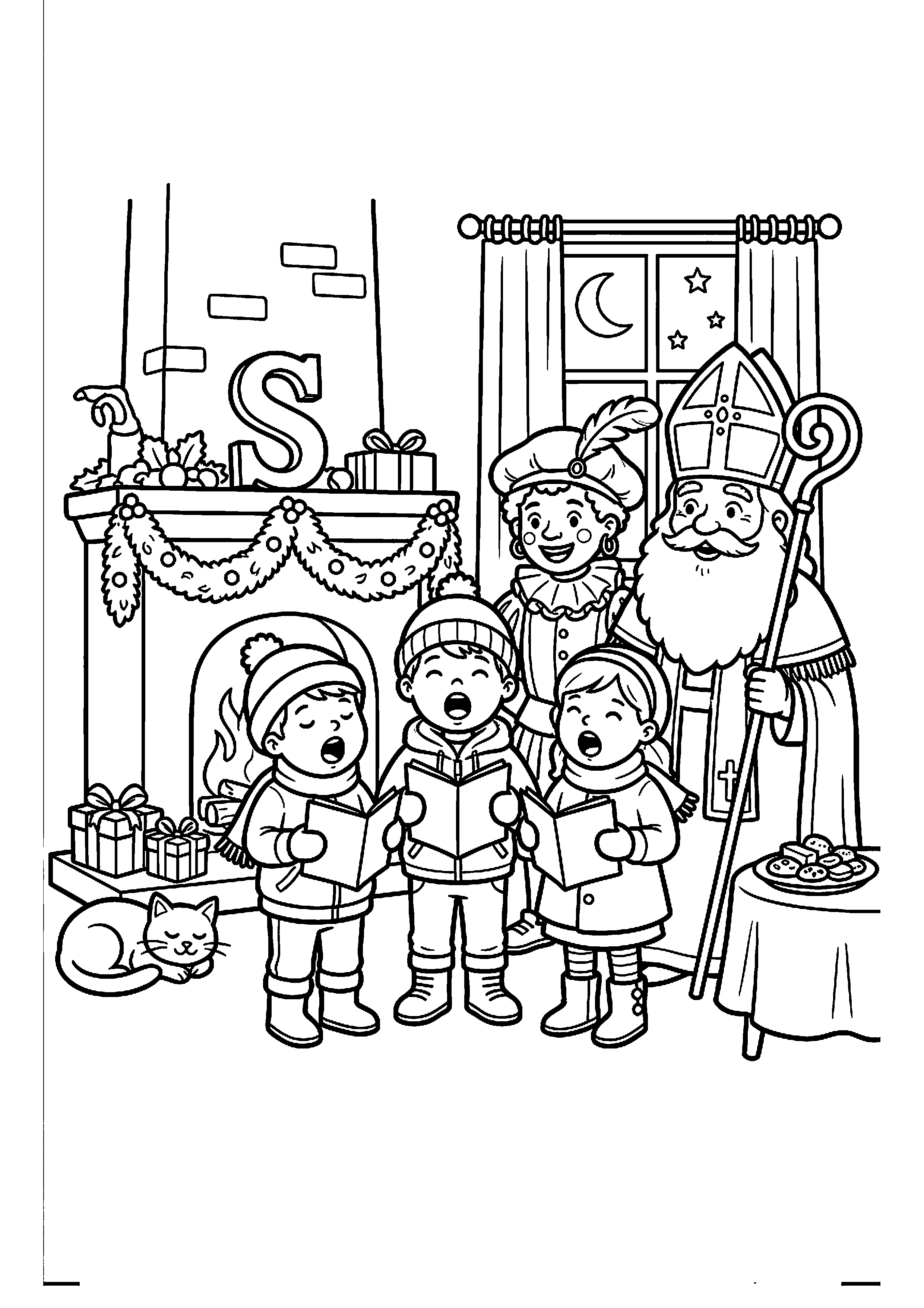 Kinderen zingen voor Sinterklaas kleurplaat