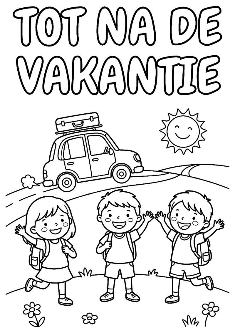 Kinderen Zwaaien voor Vertrek met Tekst Tot Na de Vakantie Vakantie Kleurplaat — gratis kleurplaat printen