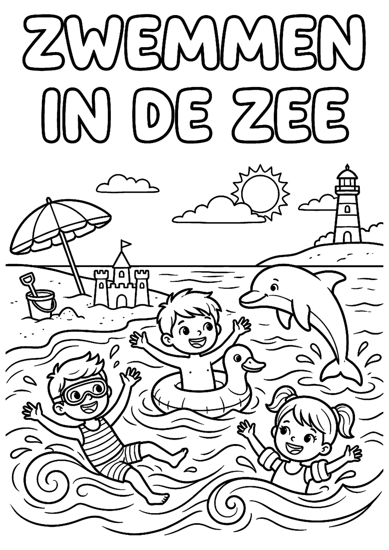 Kinderen Zwemmen in Zee met Golven met Tekst Zwemmen in de Zee Strand Kleurplaat — gratis kleurplaat printen