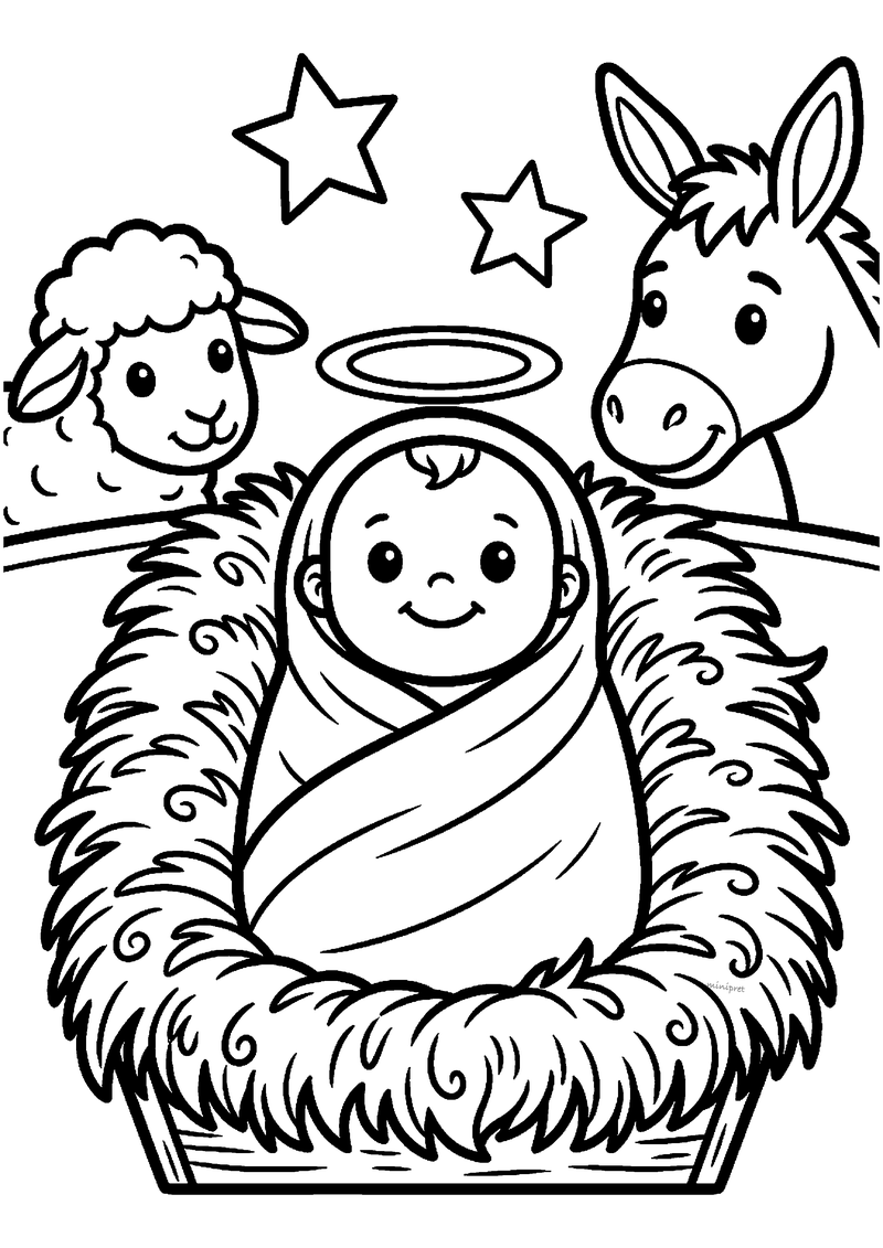 Kleurplaat close-up van schattige baby Jezus met halo in een kribbe met hooi, ezel en schaap erbij.