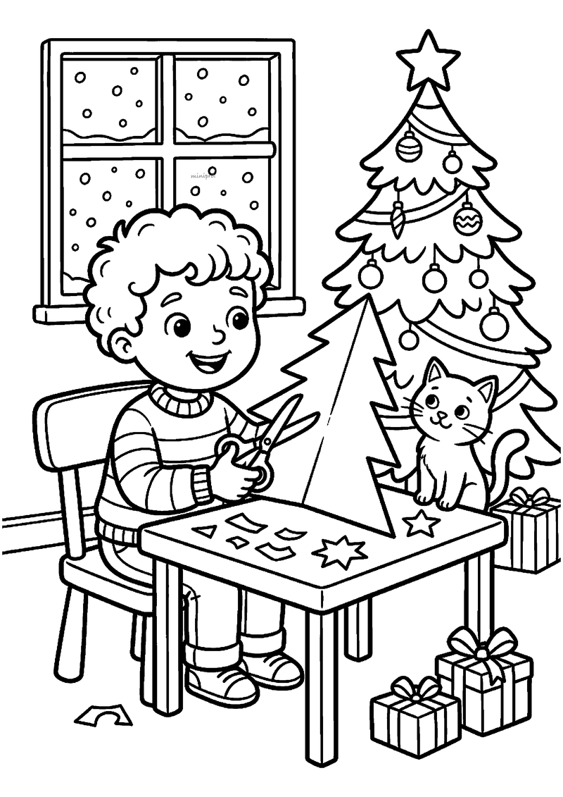 Kleurplaat van een lachende jongen met krullen die met een schaar een grote papieren kerstboom uitknipt, met kat erbij.