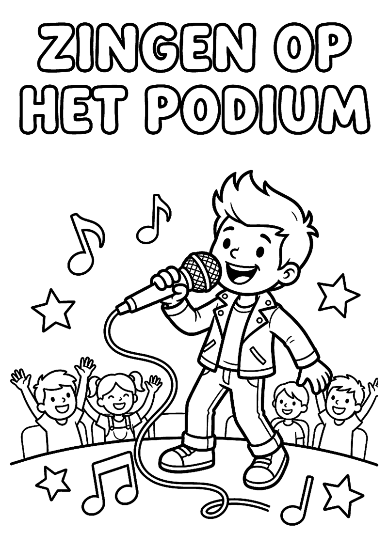 Kindvriendelijke Zanger of Zangeres die Zingt met Handmicrofoon met Tekst Zingen op het Podium Eurovisie Kleurplaat — gratis kleurplaat printen