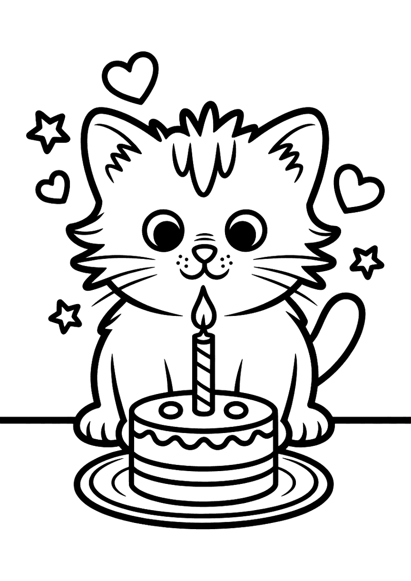 Kitten blaast verjaardagskaarsje kleurplaat — gratis kleurplaat printen