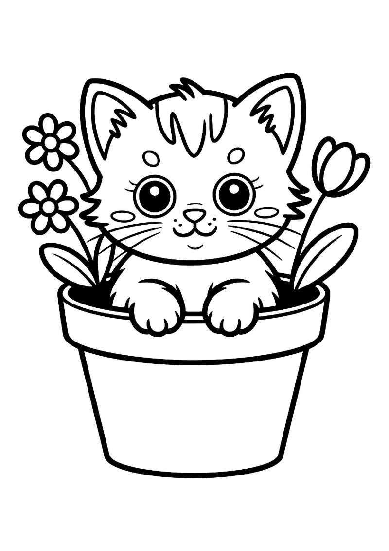 Kitten zit in bloempot kleurplaat — gratis kleurplaat