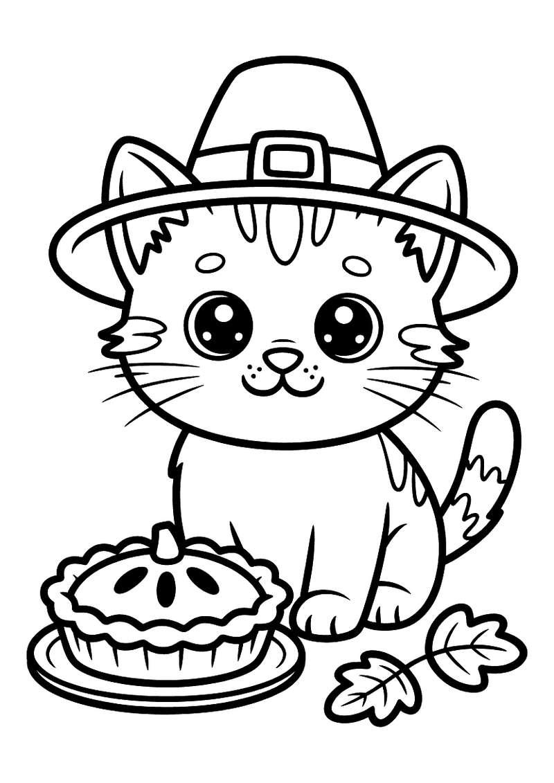 Kitten met herfstpastei kleurplaat — gratis kleurplaat