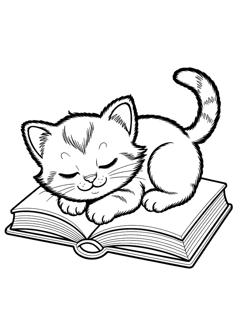 Slapend kitten op een boek kleurplaat — gratis kleurplaat