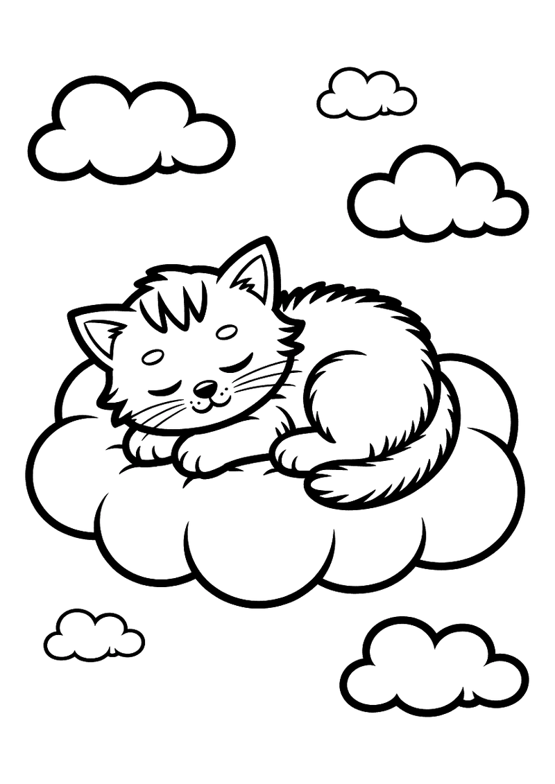 Zwart-wit kleurplaat van een opgekruld kitten dat slaapt op een grote wolk omringd door kleine wolkjes in de lucht.