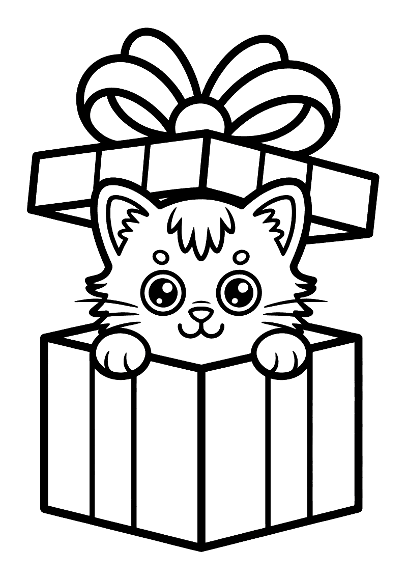 Kitten uit cadeau kleurplaat — gratis kleurplaat printen
