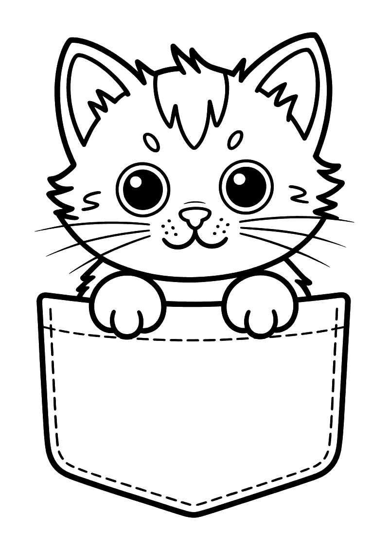 Kleurplaat van een schattig kitten met grote ogen dat met pootjes over een denim borstzak hangt.