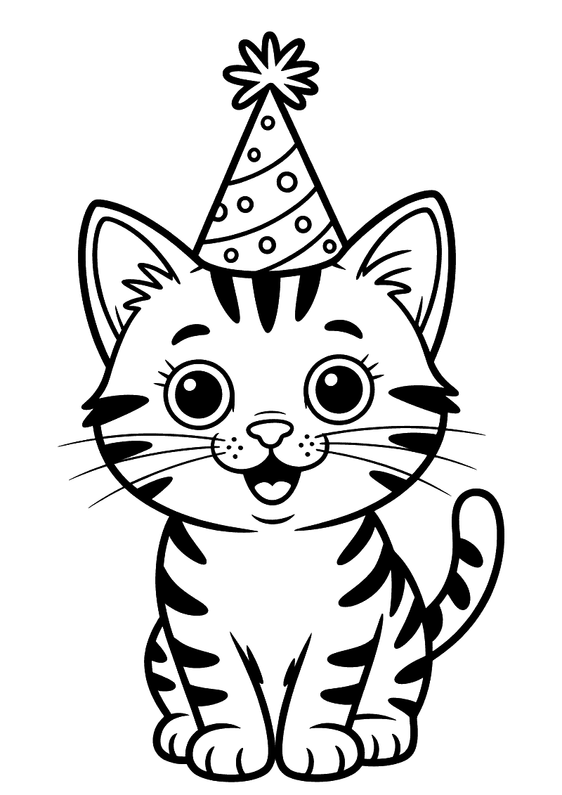 Kitten met feesthoed kleurplaat — gratis kleurplaat printen