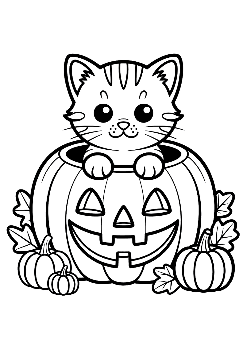 Kitten in Halloween pompoen kleurplaat — gratis kleurplaat printen