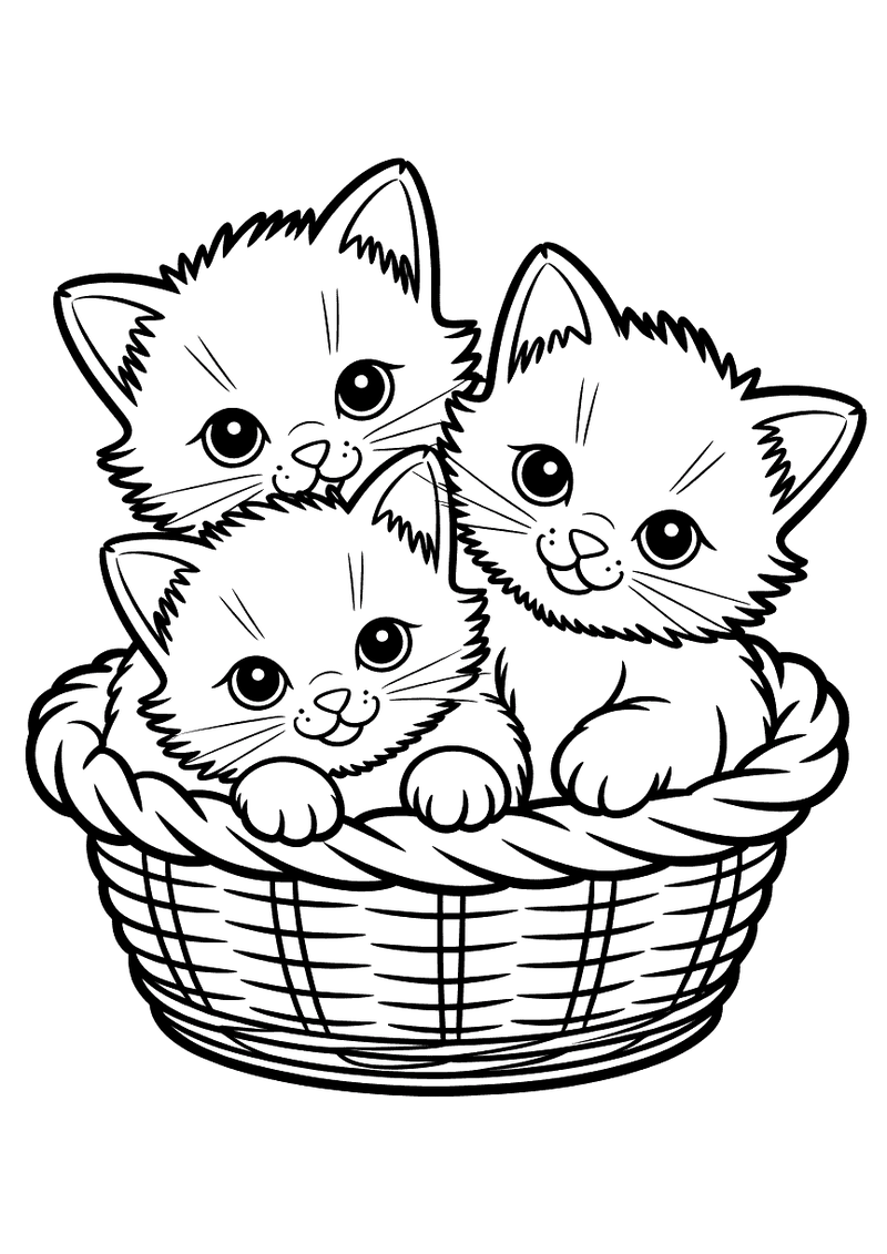 Drie kittens in een mand kleurplaat — gratis kleurplaat printen