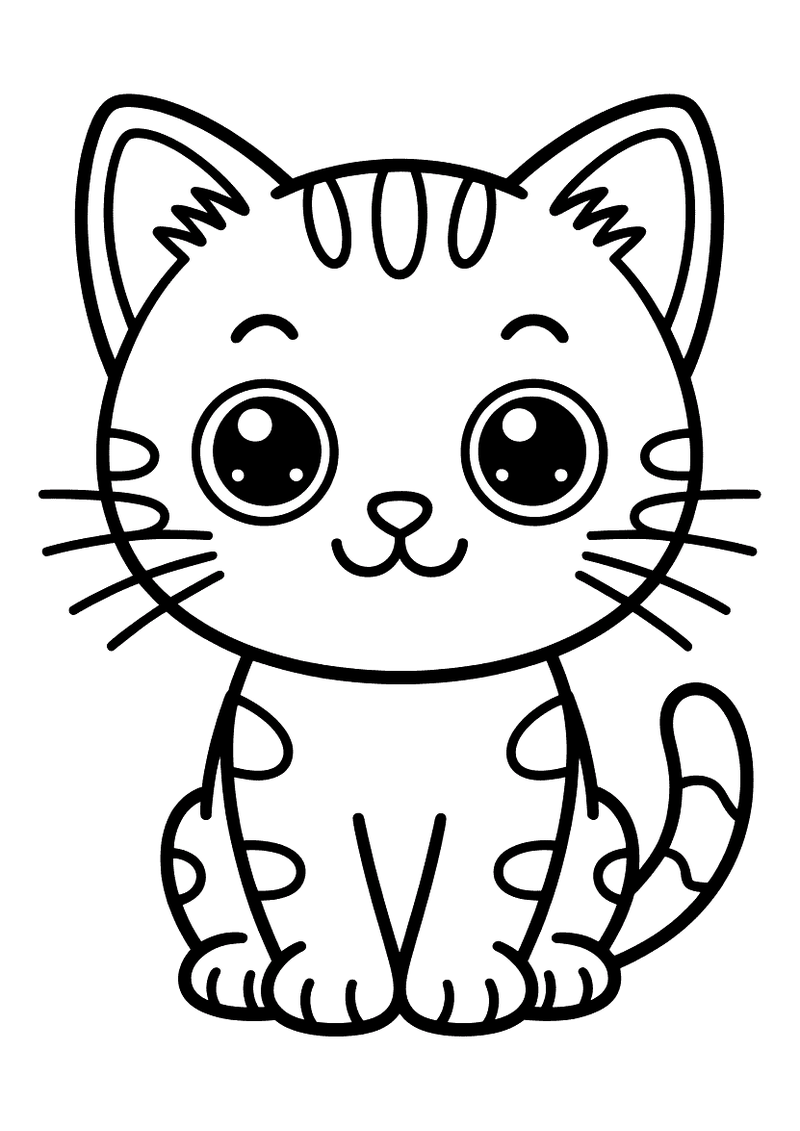 Zwart-wit kleurplaat van een kawaii kitten met grote glanzende ogen en strepen op de vacht dat rechtop zit.