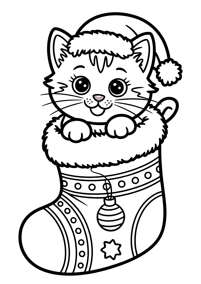 Kleurplaat van een kitten met kerstmuts dat uit een versierde kerstkous gluurt met kerstbal en sterren erop.