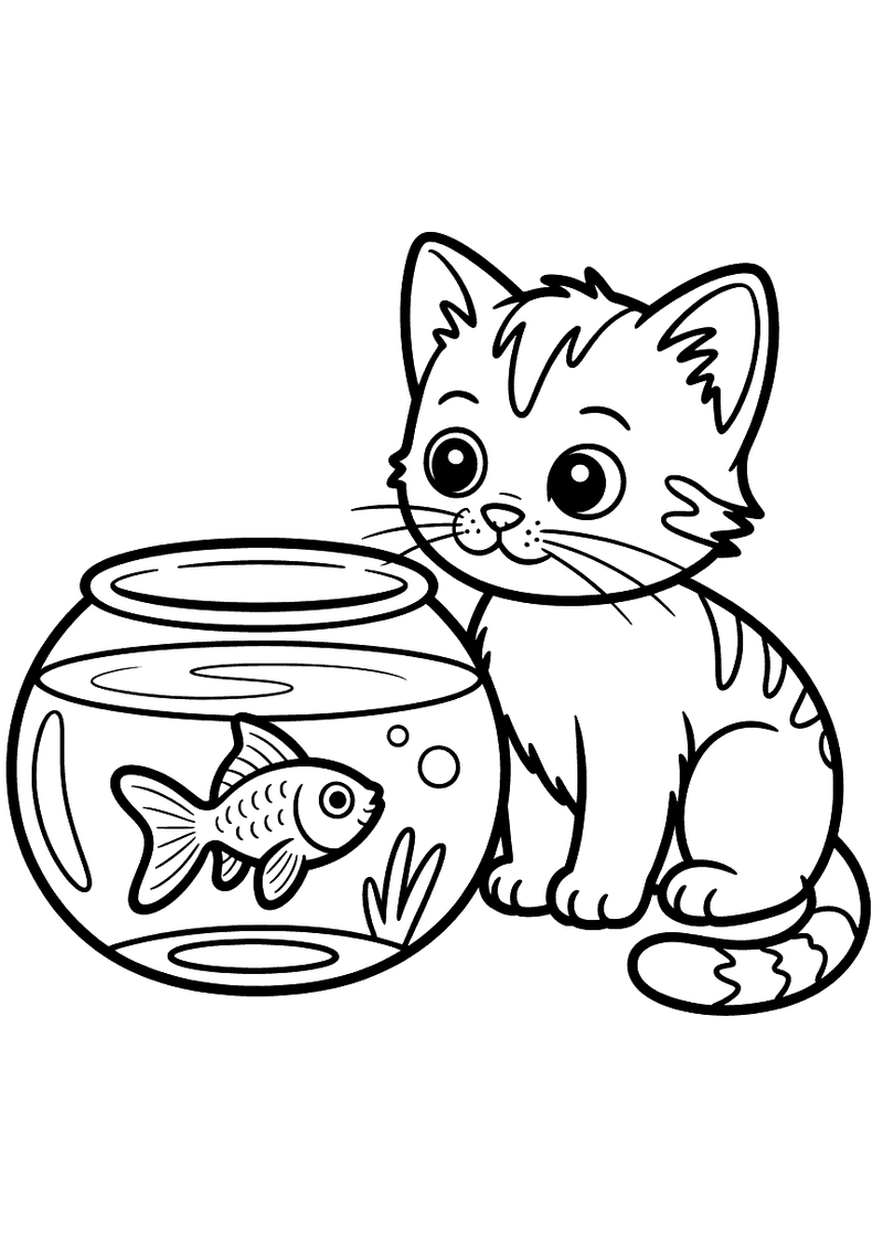 Kleurplaat van een kitten met strepen dat nieuwsgierig naar een goudvis in een ronde viskom met waterplantjes kijkt.