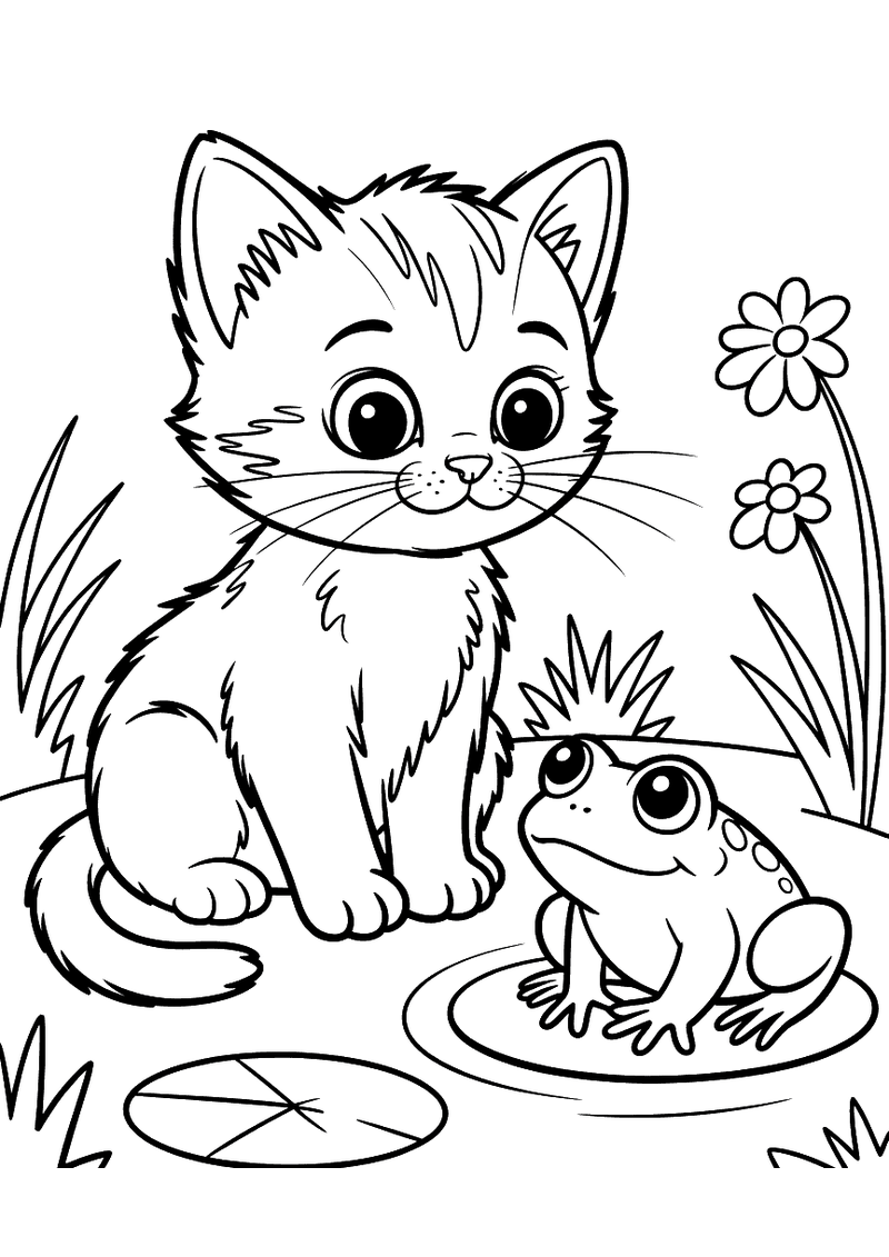 Zwart-wit kleurplaat van een kitten dat in het gras zit en nieuwsgierig naar een kikker op een blad in de vijver kijkt.