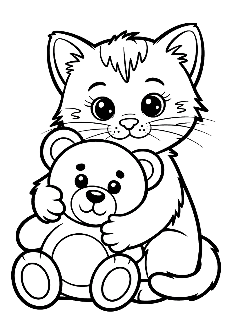Kleurplaat van een pluizig kitten met grote ogen dat een ronde teddybeer met snuit en oren vasthoudt.