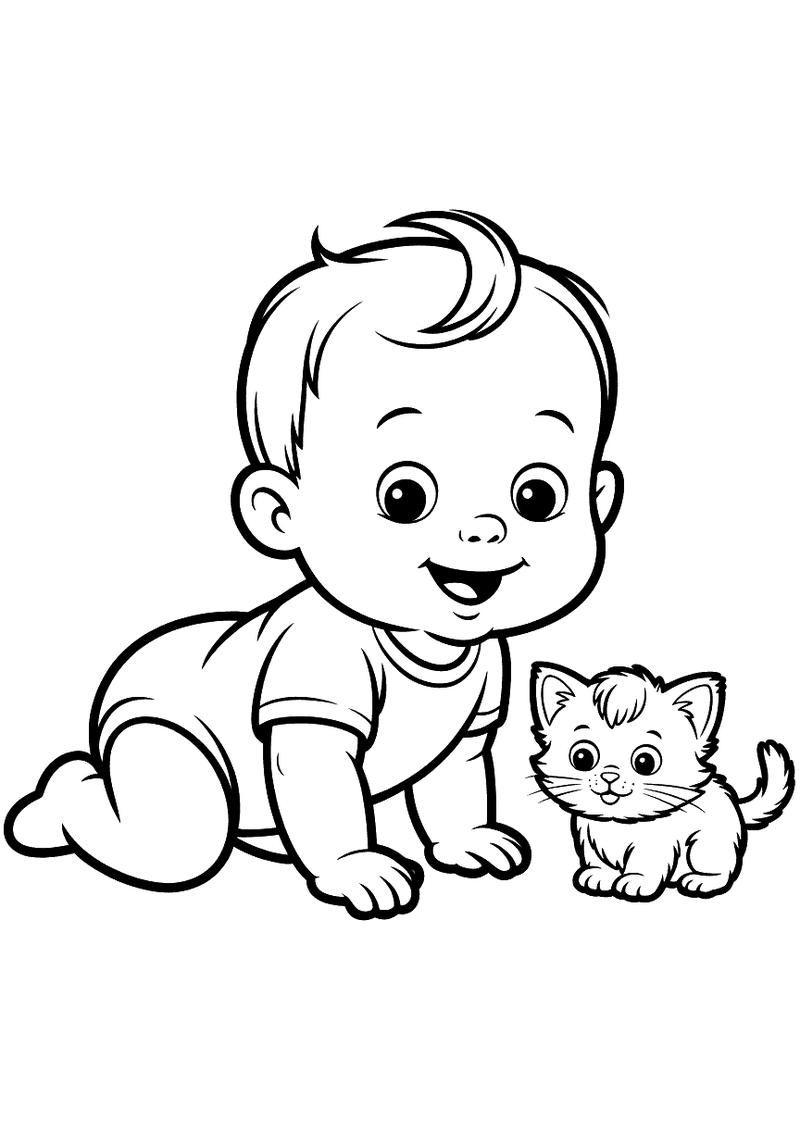 Zwart-wit kleurplaat van een lachende baby in romper die op handen en knietjes kruipt naast een klein pluizig kitten.
