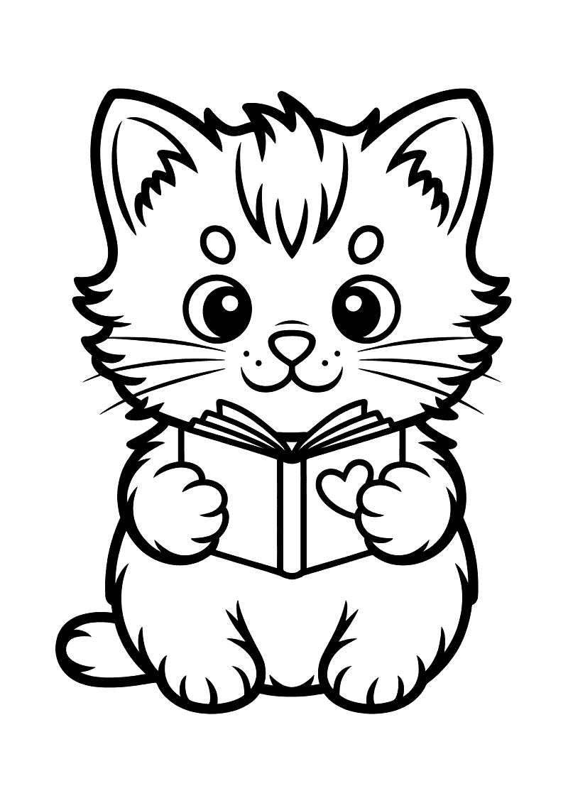 Kleurplaat van een pluizig kitten dat een opengeslagen boek met een klein hart op de bladzijde vasthoudt.
