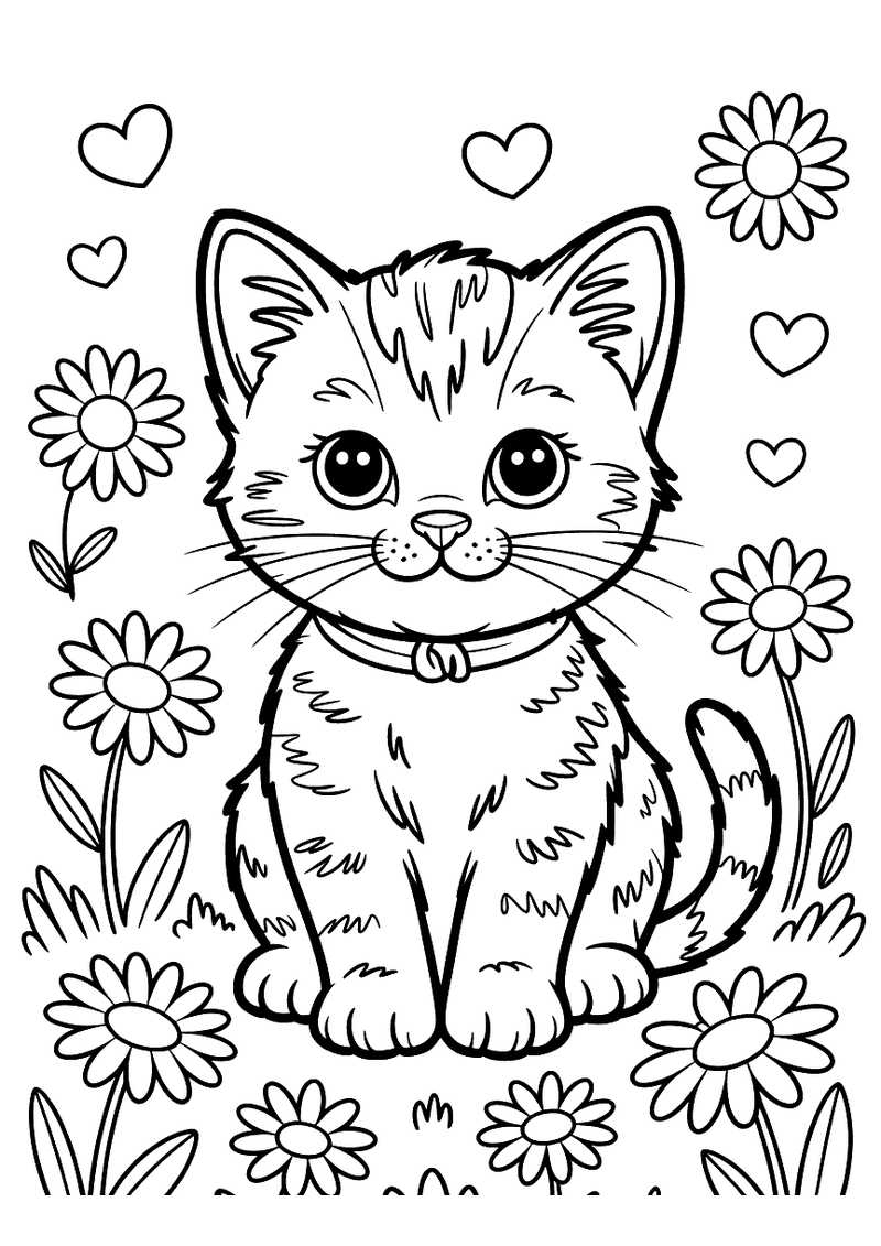 Kleurplaat van een kitten met halsbandje en belletje tussen grote madeliefjes en kleine hartjes in het gras.