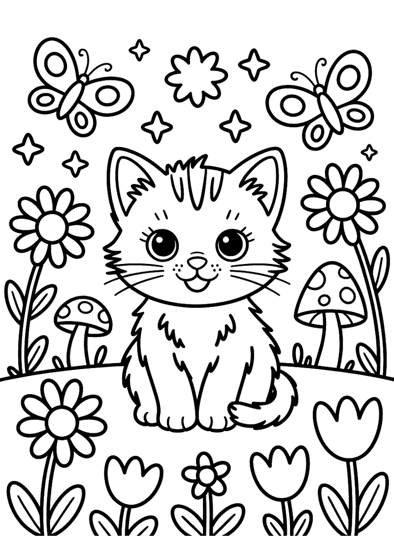 Kleurplaat van een pluizig kitten in een tuin met bloemen, paddenstoelen en twee fladderende vlinders.