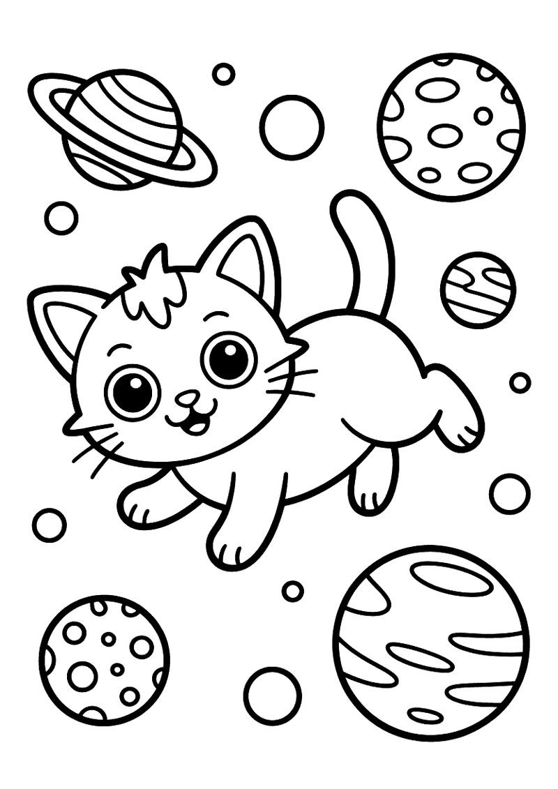 Kleurplaat van een kitten met grote ogen dat zweeft tussen vijf planeten, sterren en kleine bolletjes in de ruimte.