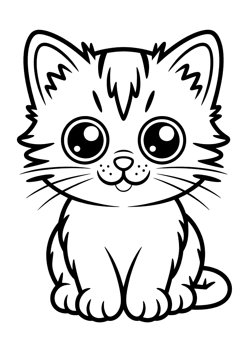 Kleurplaat van een pluizig zittend kitten met opvallend grote ronde glanzende ogen en gestreepte tekening op het hoofd