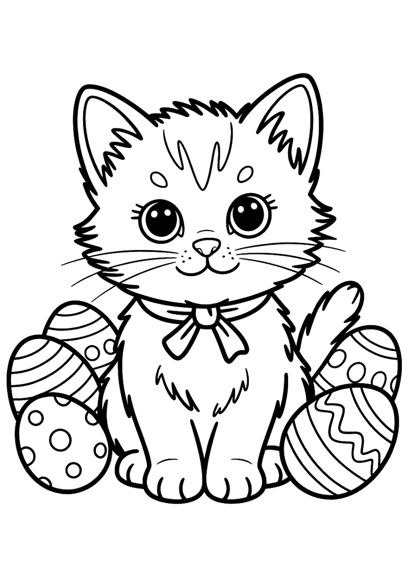 Kleurplaat van een kitten met een strikje om de nek dat tussen drie versierde paaseitjes zit met stippen en strepen erop