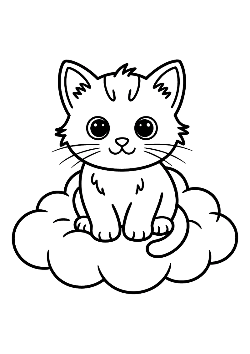Kleurplaat van een klein gestreept kitten dat bovenop een grote pluizige wolk zit en vriendelijk naar beneden kijkt