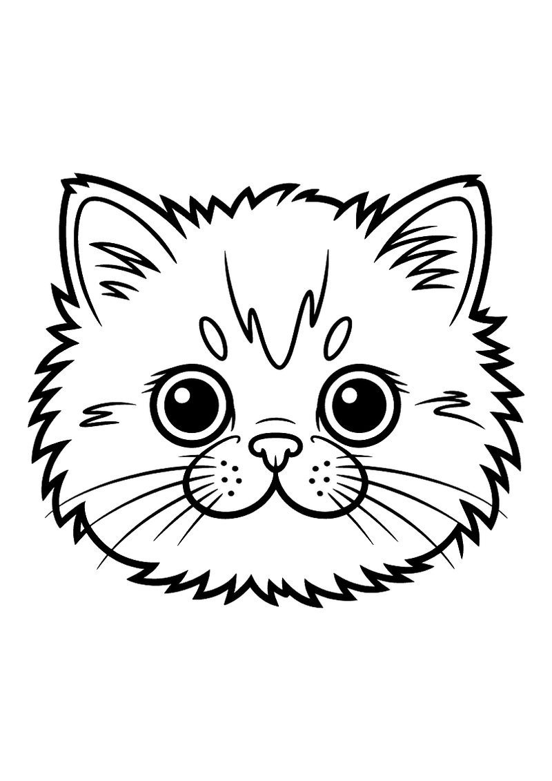 Kleurplaat van een perzisch kitten gezicht met extreem pluizige vacht, grote ronde ogen en een plat neusje