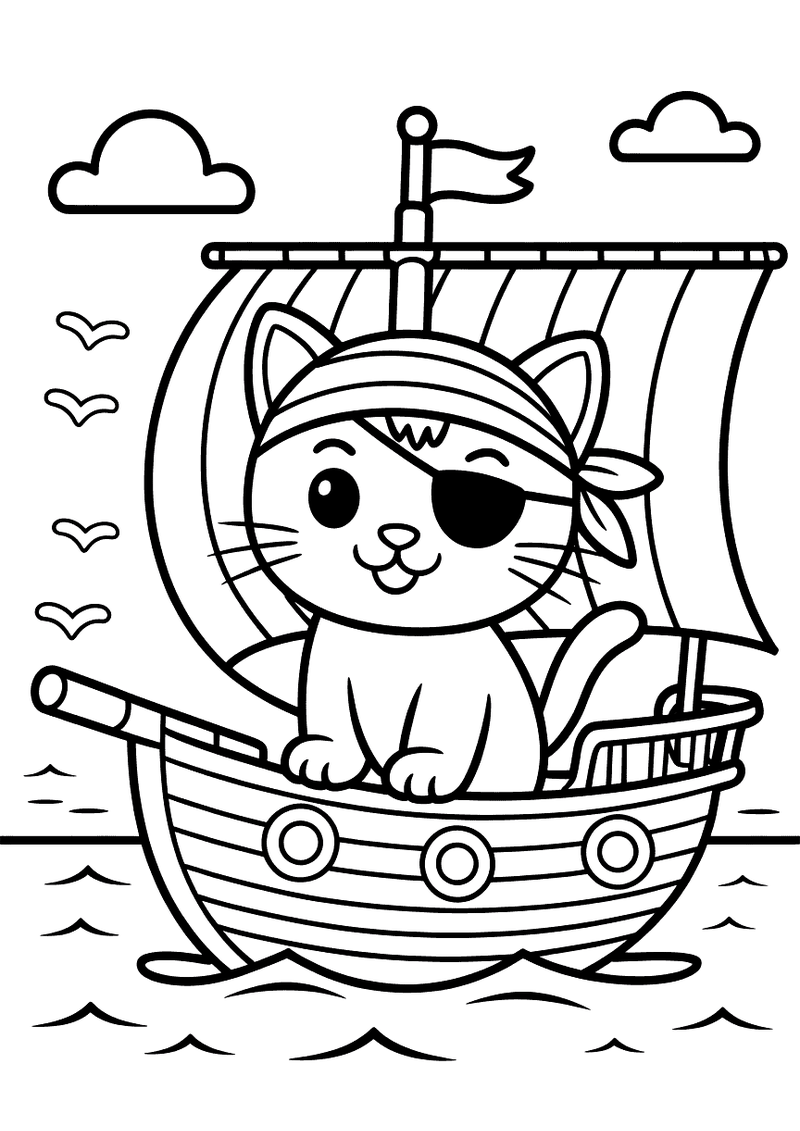 Kleurplaat van een kitten met een piratenbandana en ooglapje dat op de boeg van een houten piratenschip op golven staat