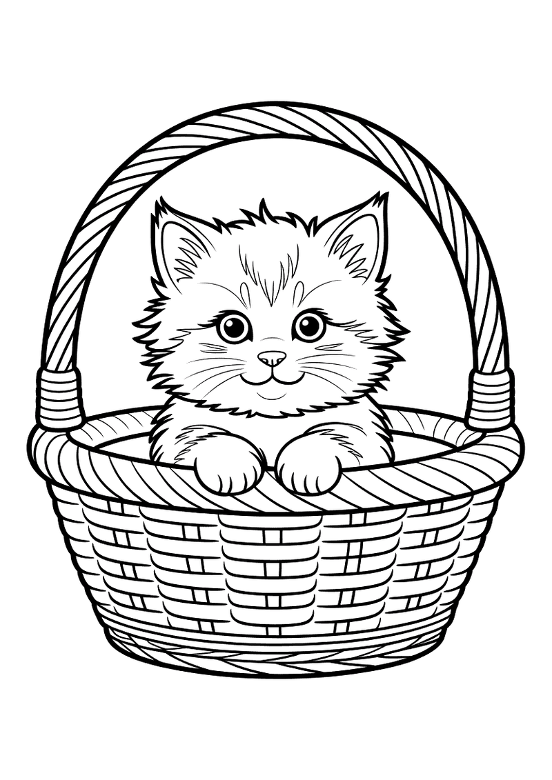 Kleurplaat van een pluizig kitten met een ronde kop dat met zijn pootjes op de rand van een gevlochten rieten mandje leu