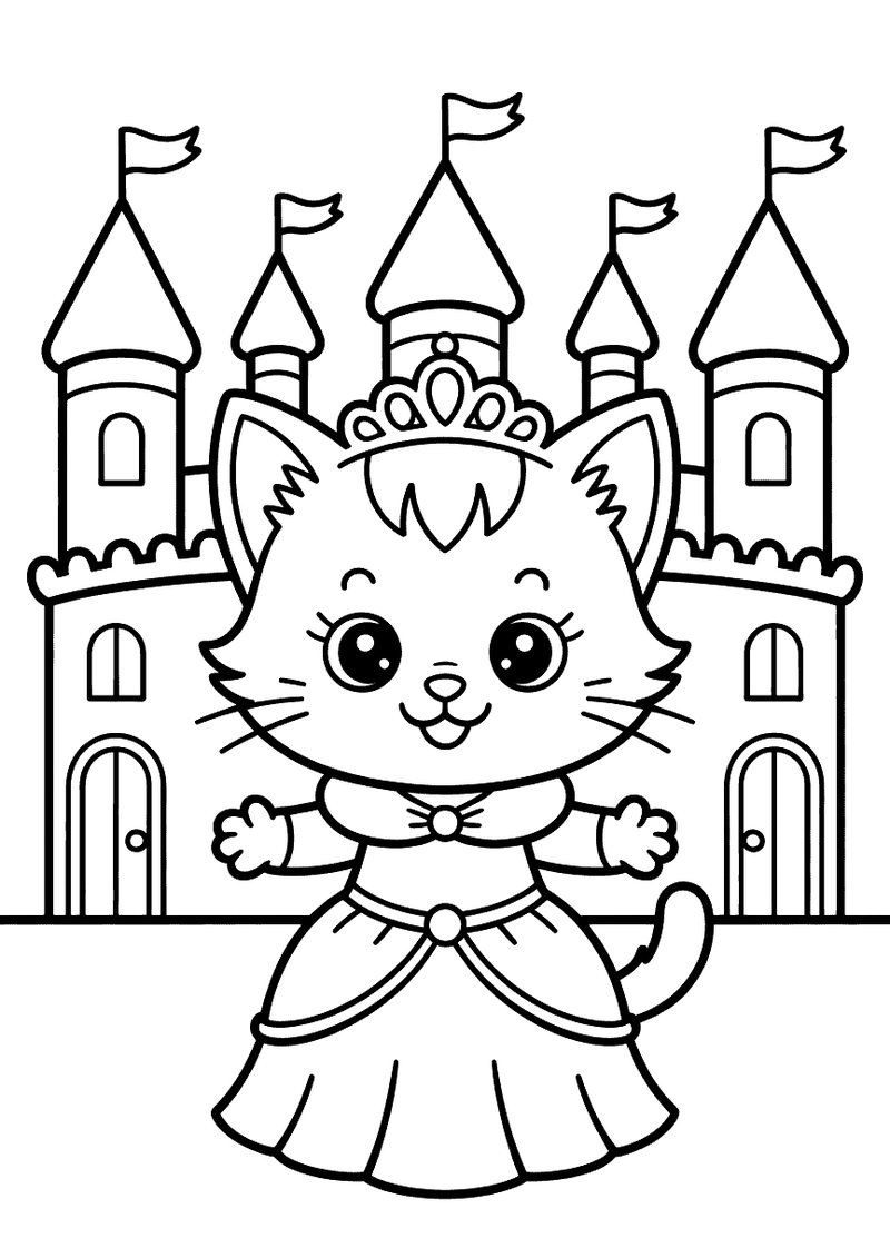 Kleurplaat van een kitten in een prinsessenjurk met een tiara op zijn hoofd dat voor een kasteel met torentjes staat