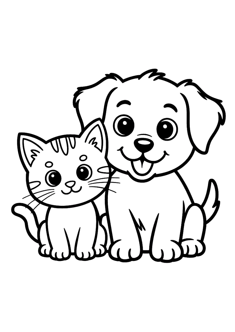 Kleurplaat van een klein gestreept kitten en een grote lachende puppy die naast elkaar zitten en vriendelijk kijken